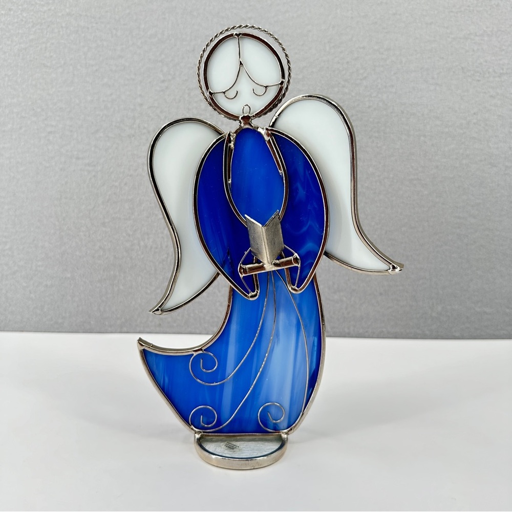 Sunray Stained Glass Suncatcher Standing Angel Figurine 10" Holding Book Blue